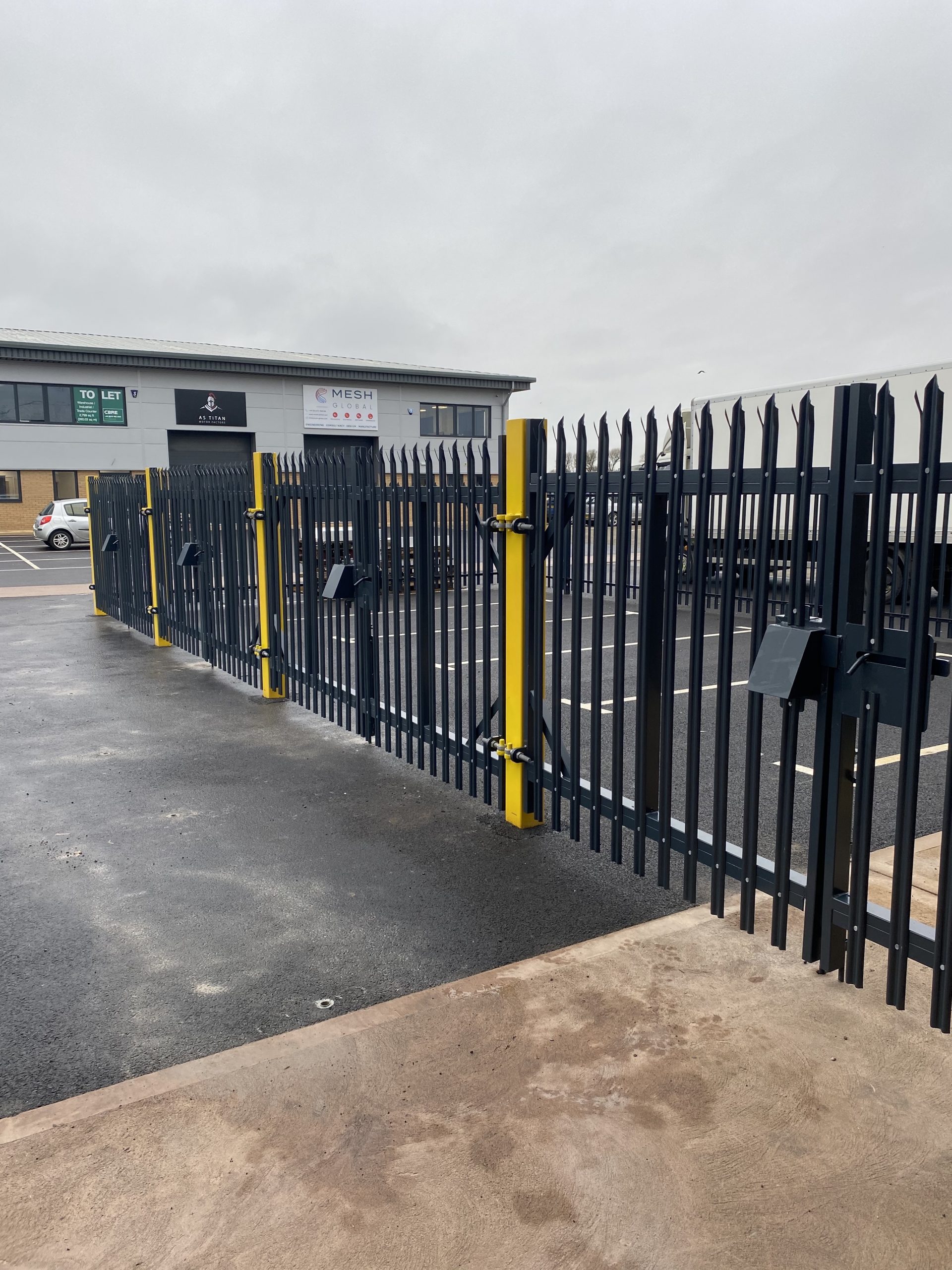Steel palisade compound installed with matching gates