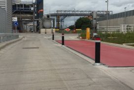 Recycled rubber bollards Severnside Energy Recycling Centre Avonmouth supplied by THE BENDY BOLLARD CO